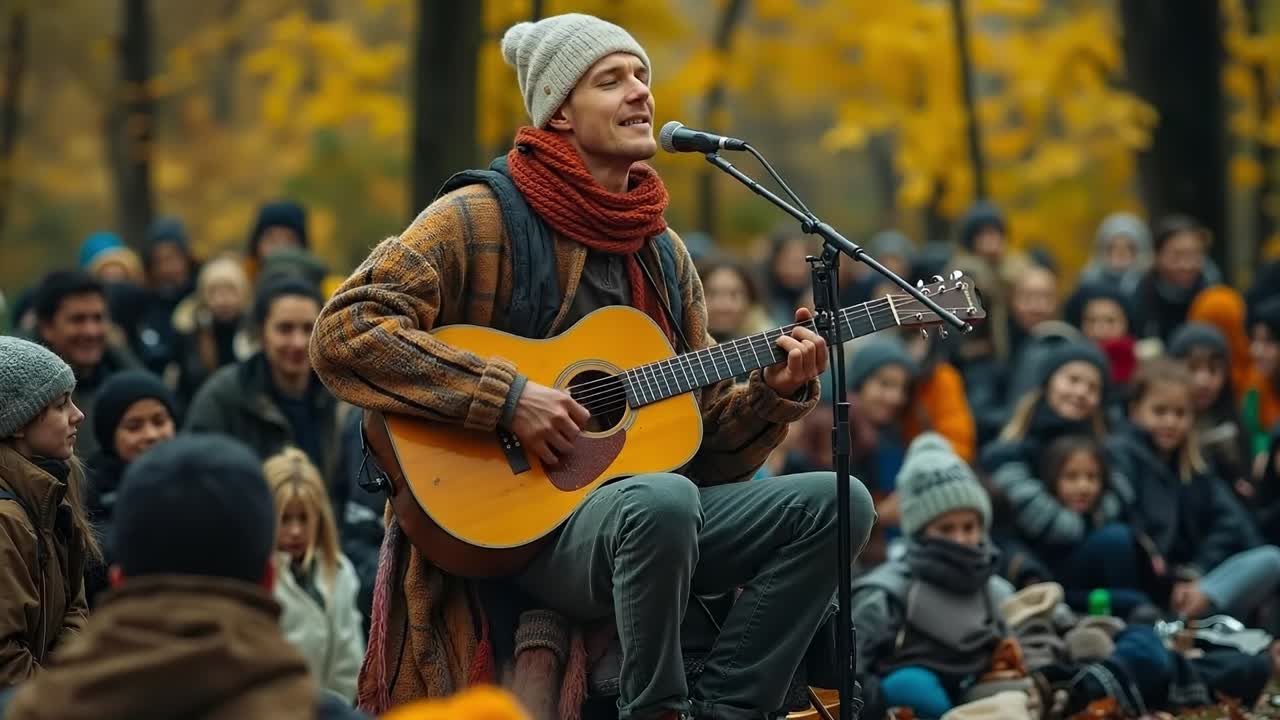 한 사람 이 군중 앞 에서 기타 를 연주 하고 있다