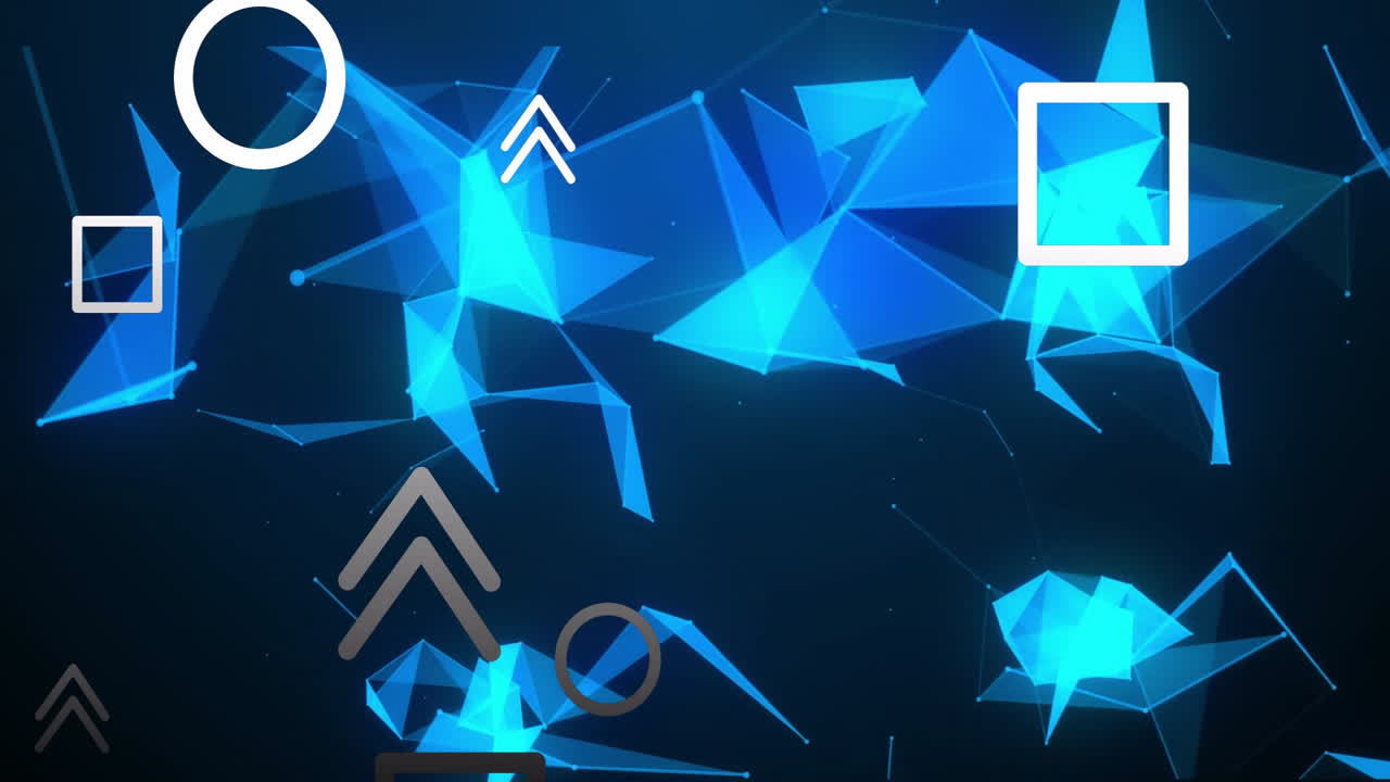 Glowing blue triangle network animating and connecting across dark gradient scene with grey icons