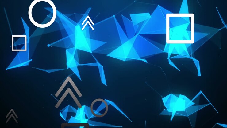 Glowing blue triangle network animating and connecting across dark gradient scene with grey icons