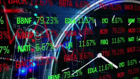 Animación-Del-Procesamiento-De-Datos-Financieros-Sobre-El-Tictac-Del-Reloj-Y-El-Mapa-Mundial