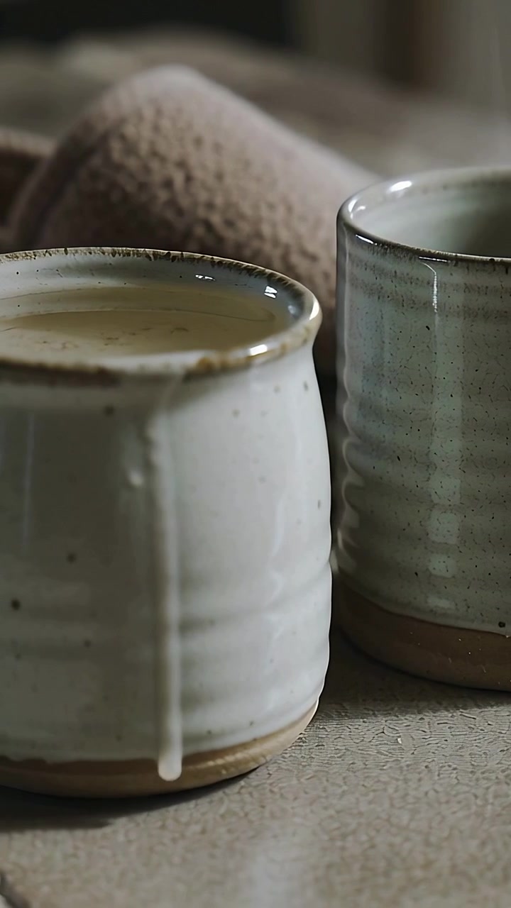 Video verticale: Goccia di smalto che cade per gravità, tazza color crema che gocciola sul tavolo, tazza verde vicina