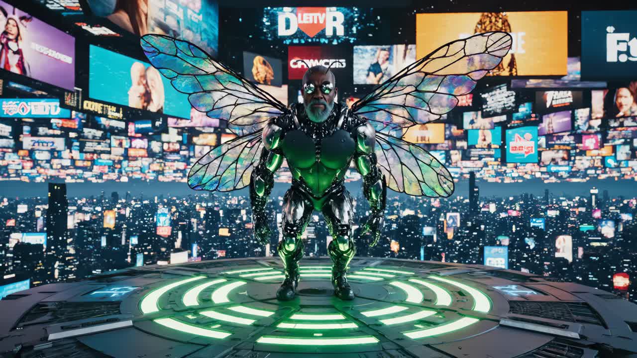 Superhero Character Flying Over Futuristic Cityscape