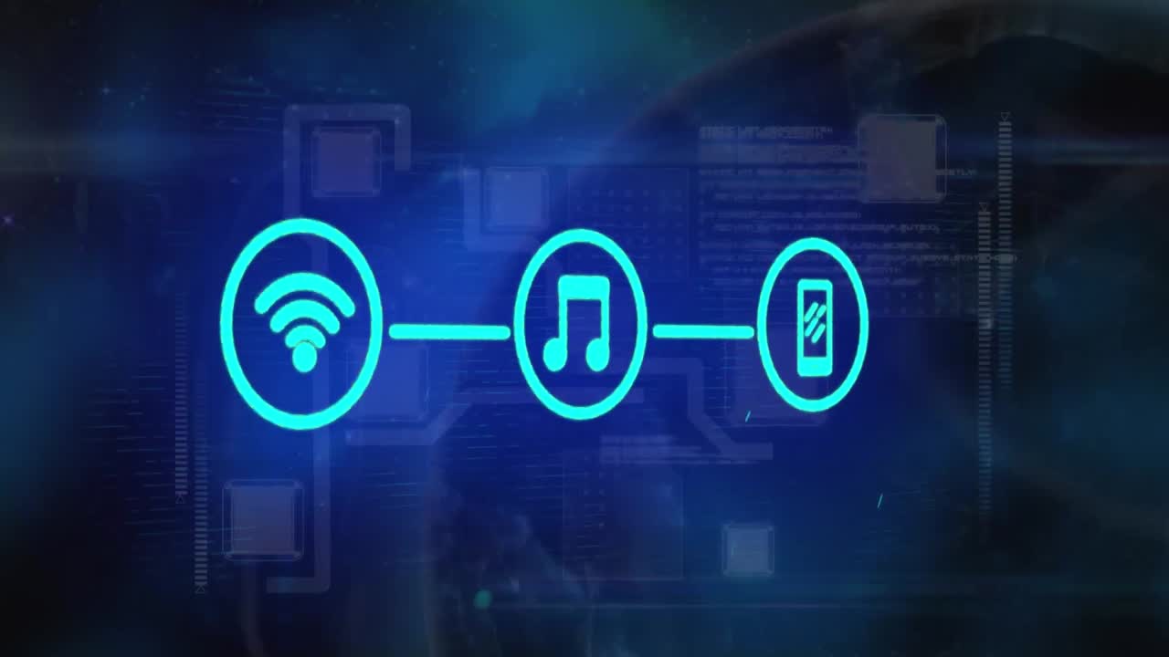 animação de rede de conexões com ícones sobre fundo preto