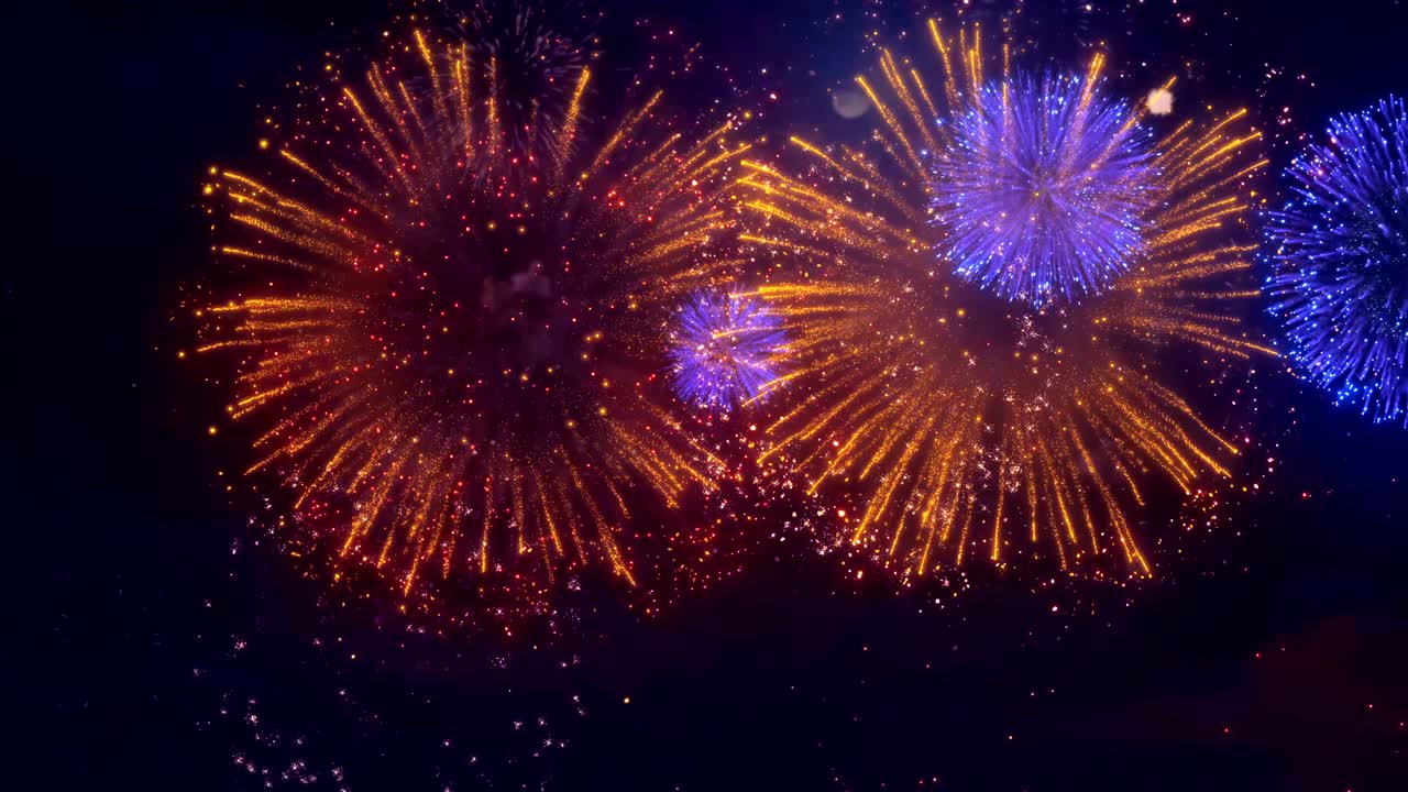 Beautiful Blue Red Golden decoration star sky Firework Display Composition Seamless Loop Background for birthday, anniversary, celebration, Holiday, new year, Party, event and celebrations.