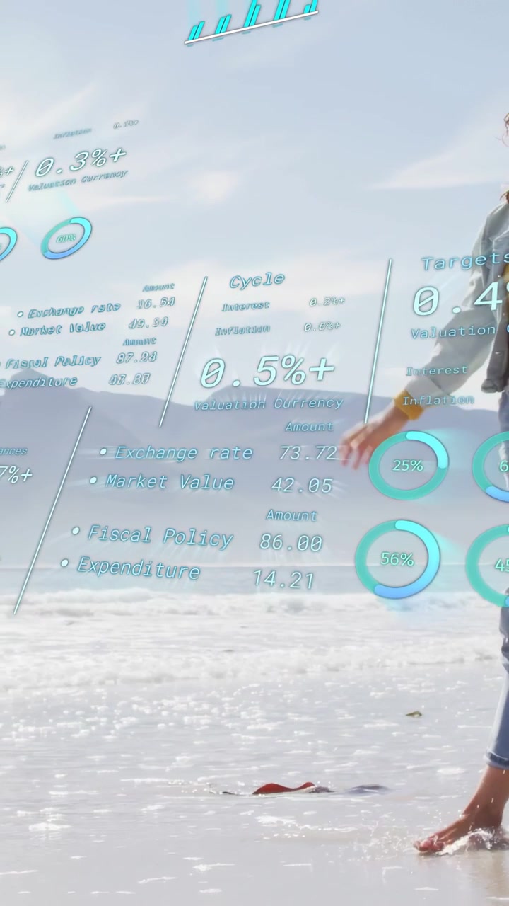 Vertical video: Woman walking along shore, activating holographic finance panels updating rates