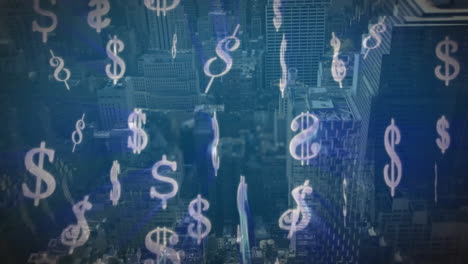 símbolos de dólares cayendo contra el fondo de la ciudad