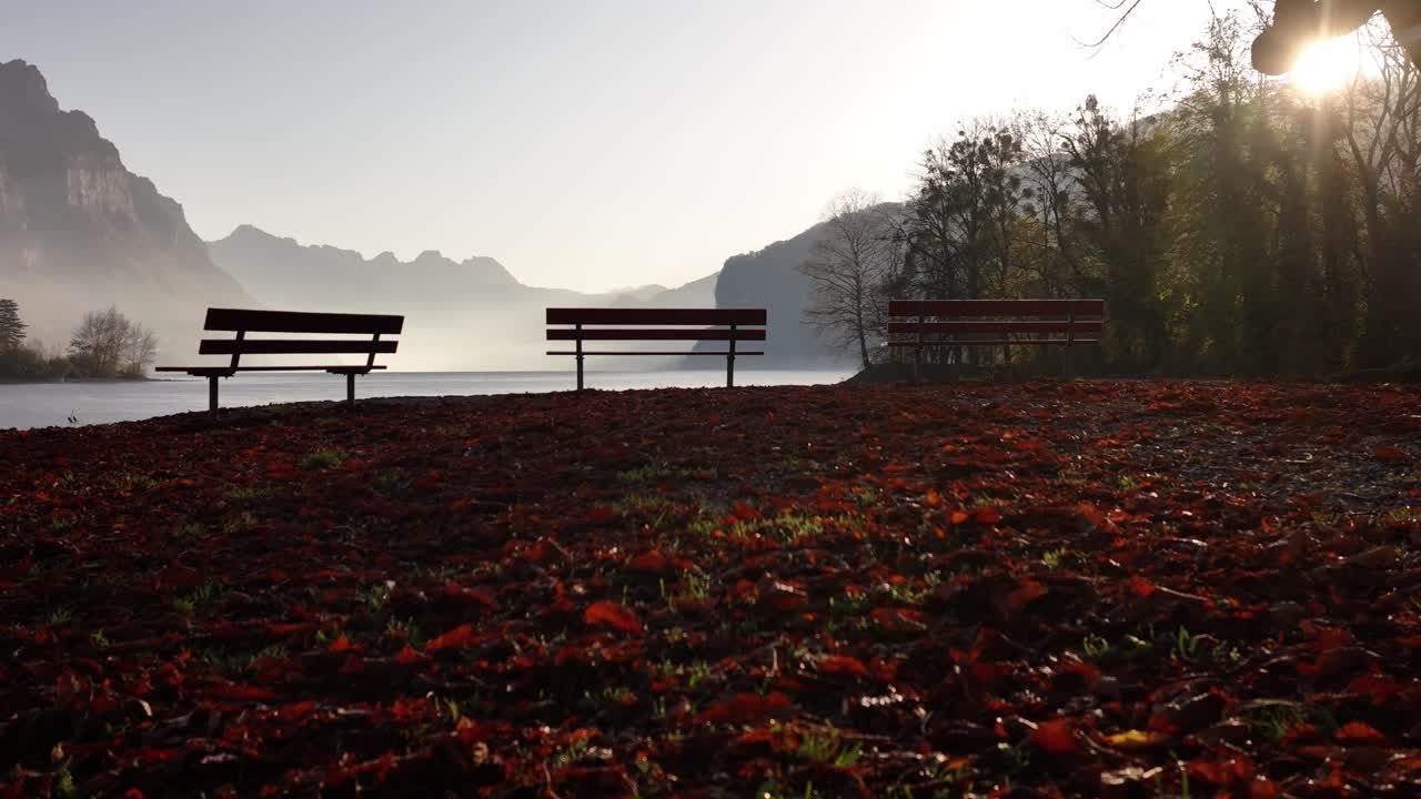 스위스 렌슈타트 에 있는 렌시 를 내려다보는 빛 으로 빛나는 벤치 들 과 가을 잎 들