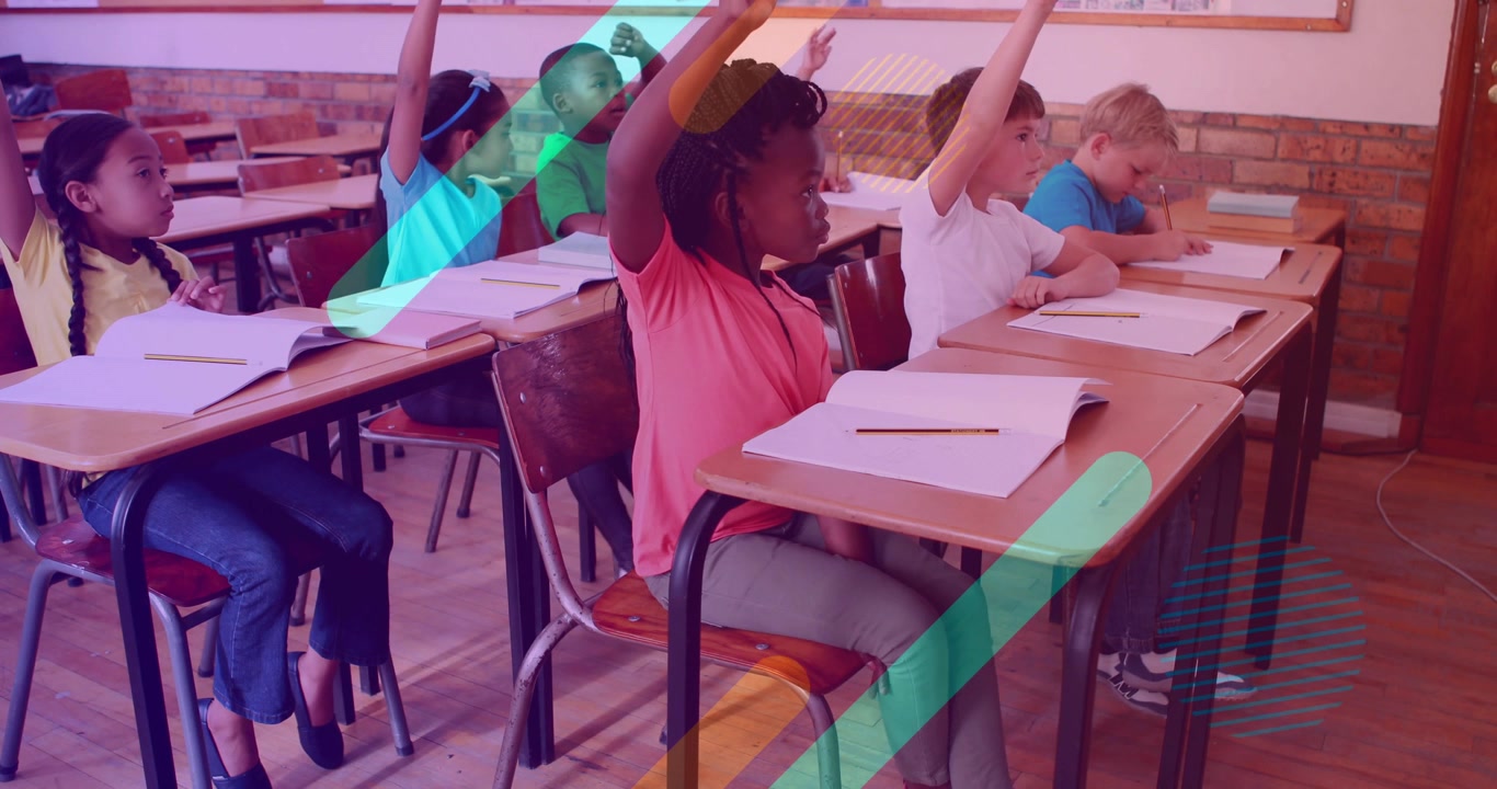 Students raising hands after teacher prompt offscreen, animated overlays moving across desks