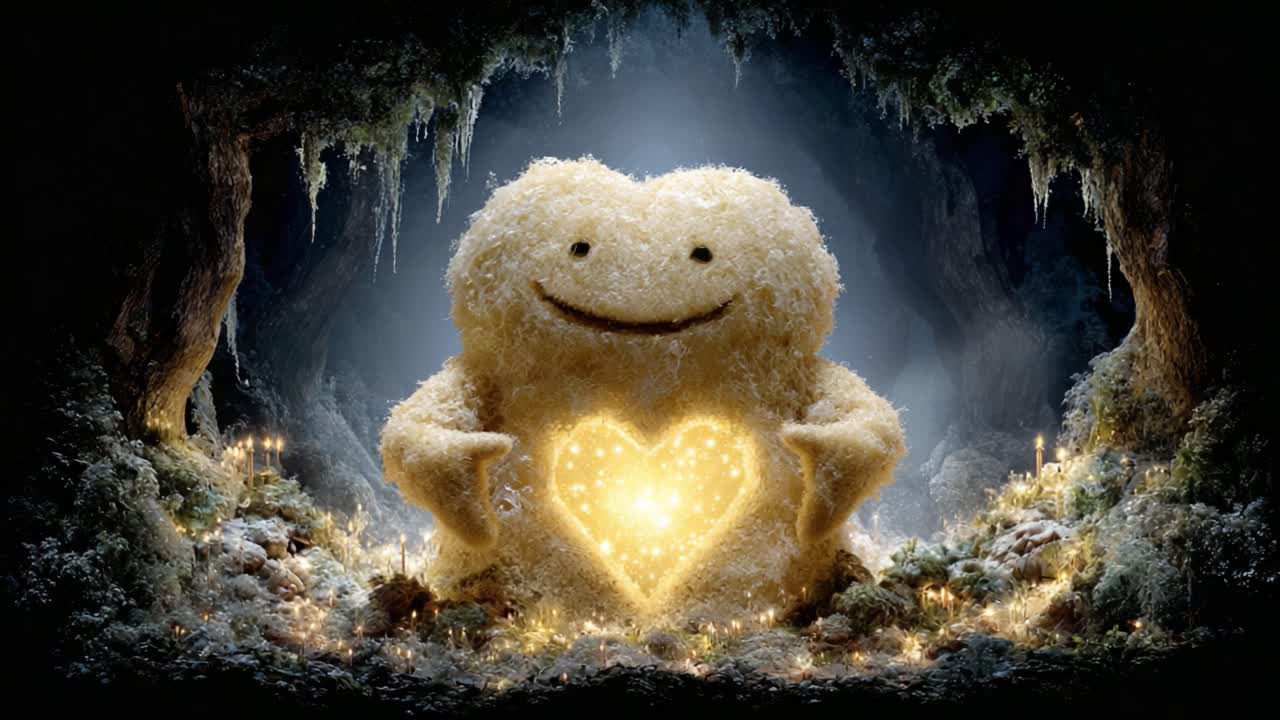A whimsical, glowing creature with a heart of light emerges from a magical cavern, exuding warmth and joy, inviting viewers into a fantastical realm of wonder and imagination