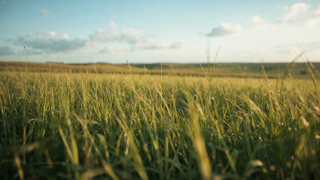 Gentle breeze sending grass blades swaying left to right in field, seedheads sunlit under blue sky