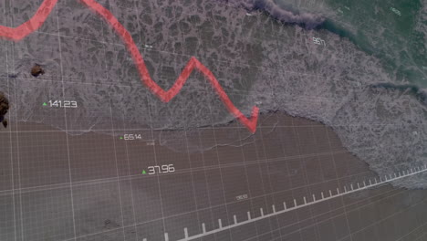 animation of red line graph over ocean waves with grid overlay