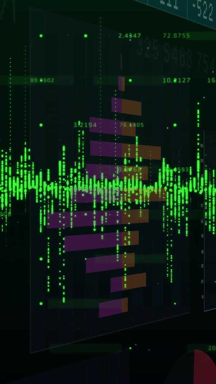 Vertical video: Camera pan starting data wall wave pulsing bars rising labels updating for trends