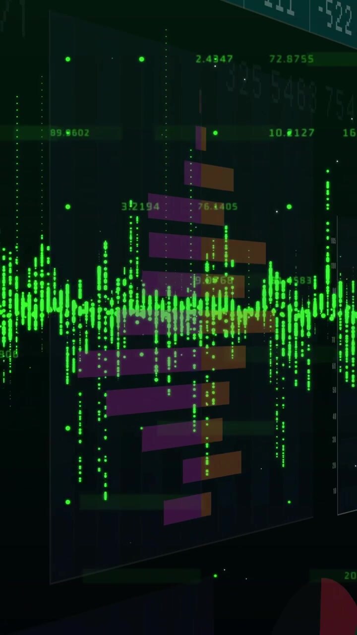 Vertical video: Camera pan starting data wall wave pulsing bars rising labels updating for trends
