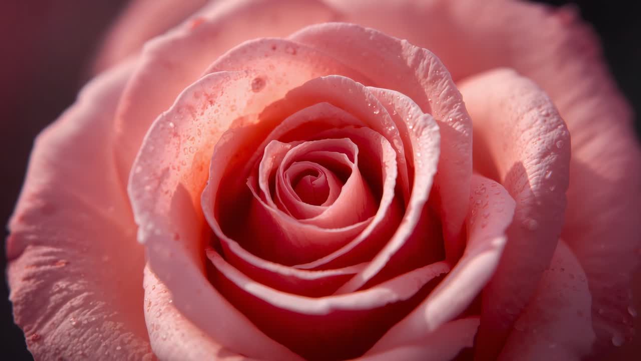 Allontanamento della camera che rivela la fioritura di una rosa rosa in studio, esponendo i petali esterni e le gocce di rugiada