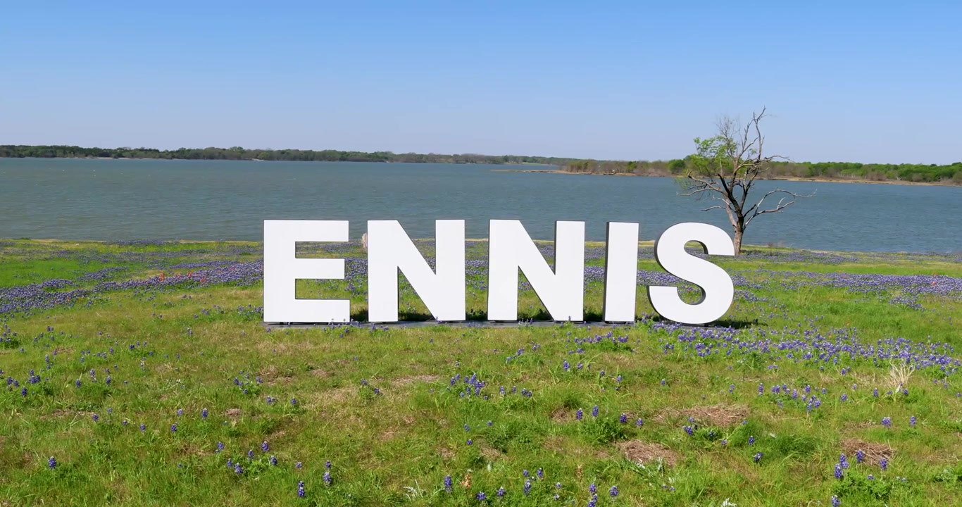 Video statico dell'Area Naturale Meadow View sul Lago Bardwell a Ennis, Texas. Lettere bianche compongono la scritta Ennis vicino alla riva del lago. Questa è un'inquadratura ravvicinata.