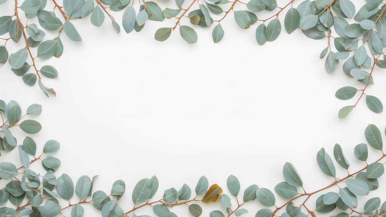 Shifting eucalyptus sprig border drifting on white backdrop, moving from breeze, showing brown leaf