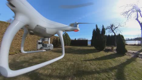 drone flying low forward among decorative plants on a sunny day