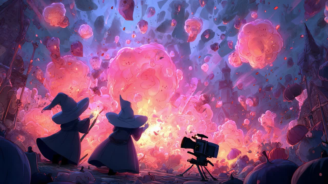 Wizards in Awe: Enchanted Explosions Illuminate the Night Sky in a Stunning Display of Magic and Wonder, Captured in the Heart of a Spellbinding Scene