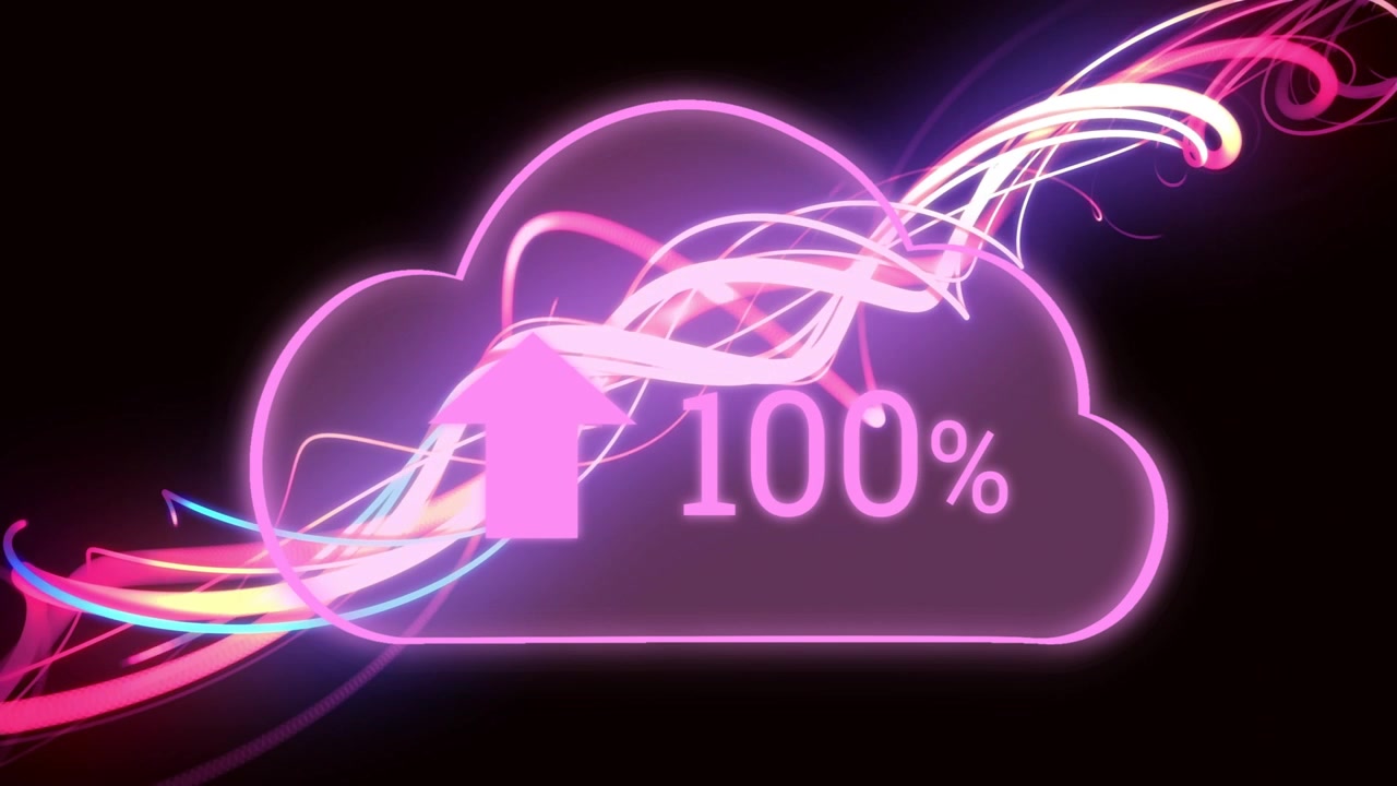 On load glowing pink cloud starting at 6%, ribbons sweeping, percent rising to 100% marking done