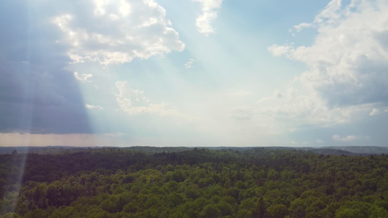los rayos de luz atraviesan las nubes en una matriz celestial, las sombras se proyectan sobre el bosque caducifolios, la región de muskoka simcoe