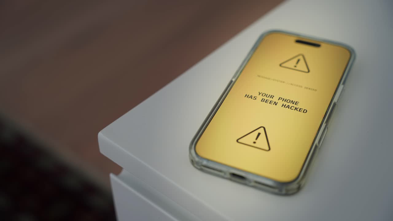 Phone on night table by bed display alarm or alert of hacked device by hacker group. Yellow message notification pop up on mobile cellphone. Remote access of spy or cybercrime virus attack threat