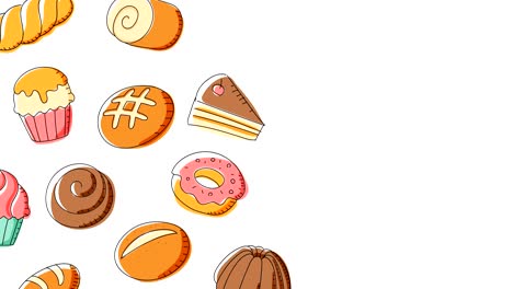 patrón de panadería en movimiento fondo dibujos animados ilustración de dibujo a mano aislada en fondo blanco animación de bucle sin costuras 4k, con espacio de copia central