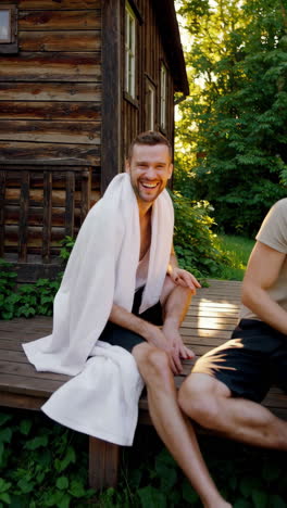 happy man with towel laughing and smiling on a wooden porch