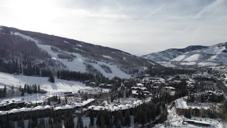 panning drone shot of a busy ski resort in colorado, united states