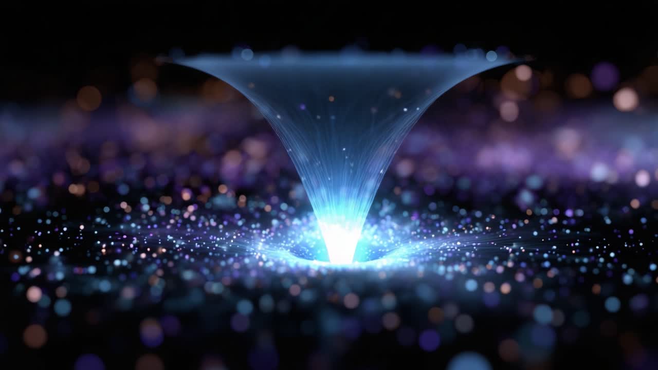 Un mistico buco nero che manifesta energia cosmica con particelle vorticose e stelle vivaci in una galassia, creando un'ipnotica illusione visiva dello spazio-tempo
