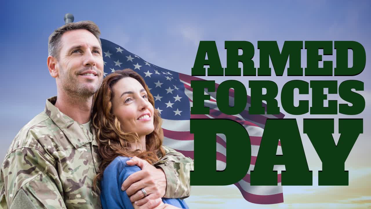 Animation of armed forces day text over caucasian male soldier with wife
