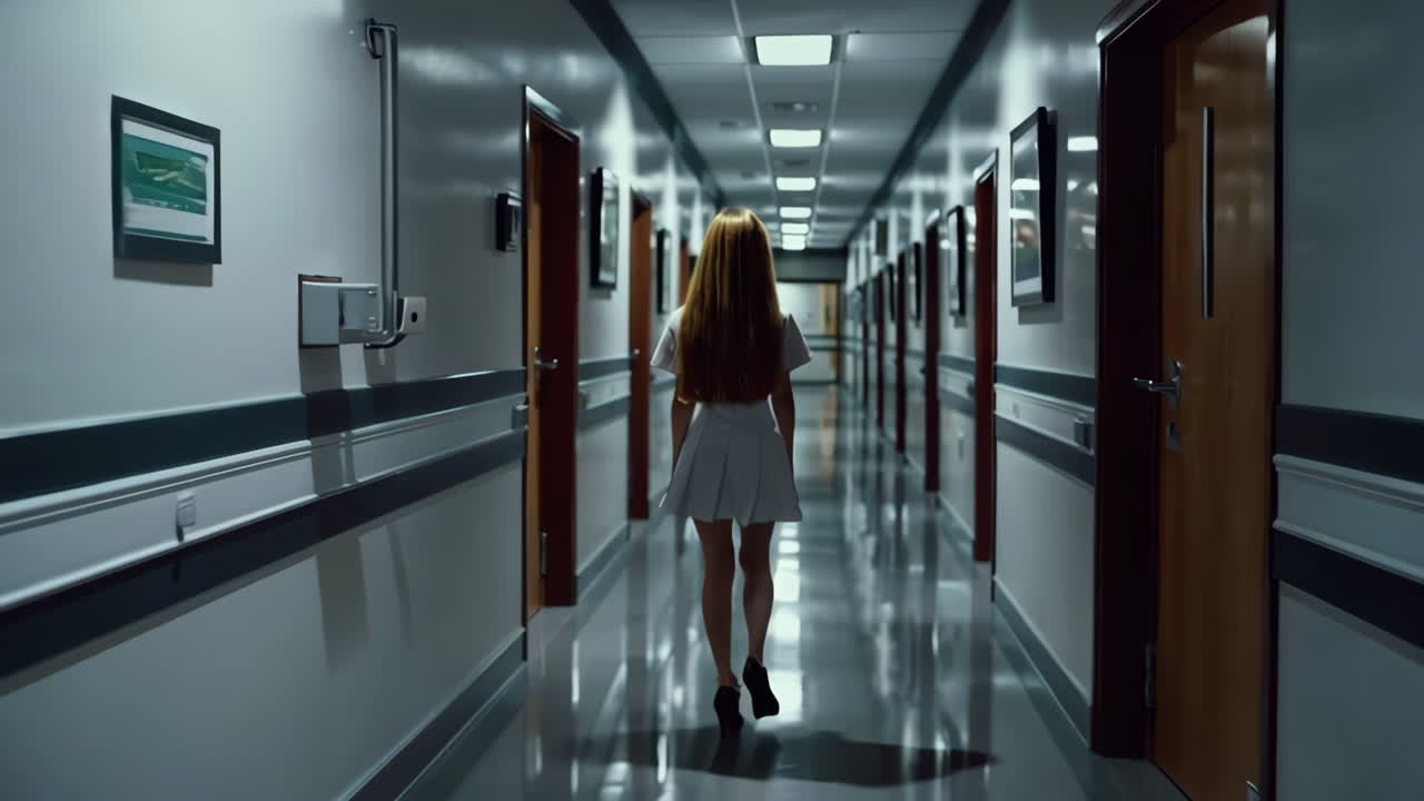 mujer caminando por un corredor del hospital