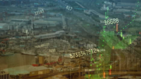 animation of financial data processing over cityscape