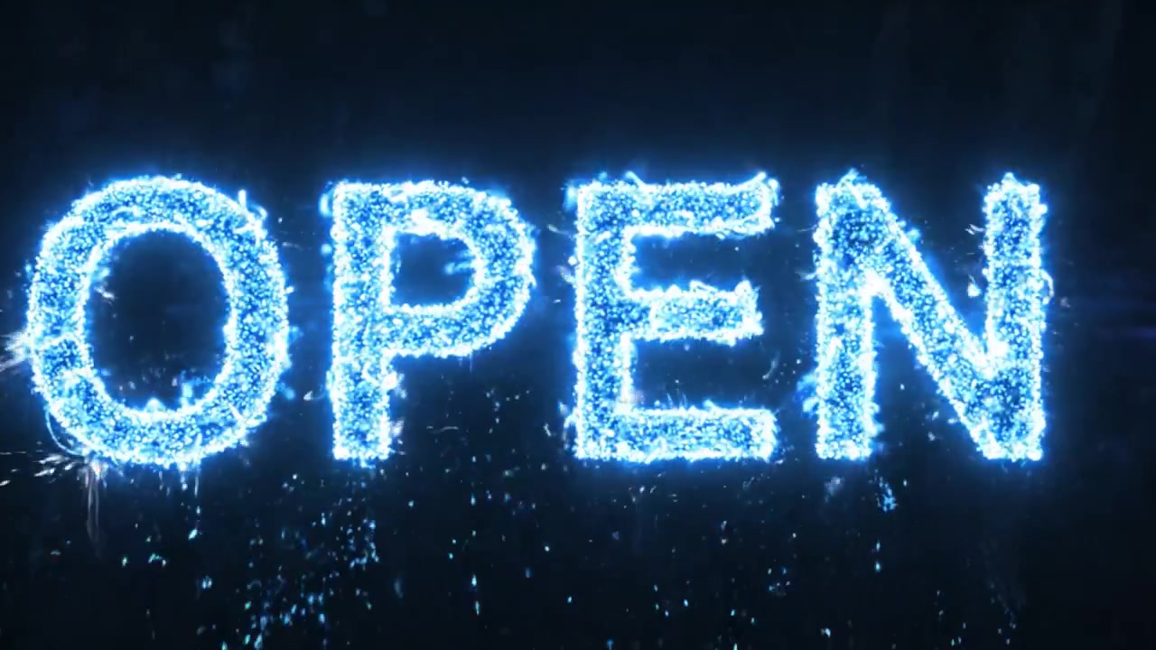 An Immersive Transition from Darkness to Light: A Journey Into an Enigmatic Space that Unveils the Word 'OPEN' in a Stunning Visual Display of Blue Particles