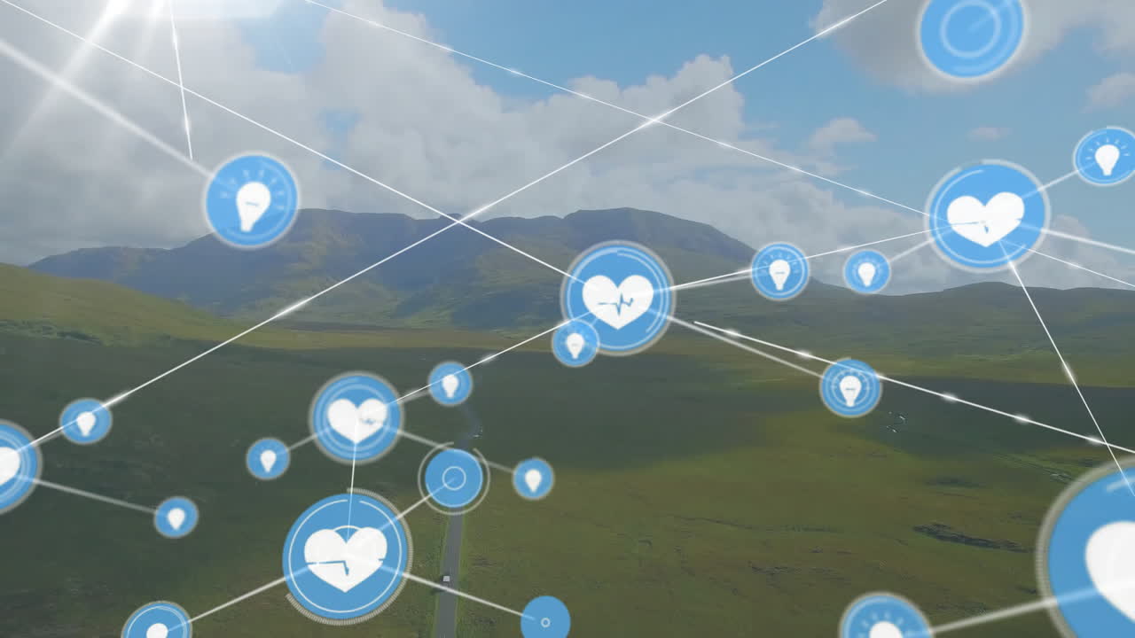 산과 구름이 가득한 하늘을 배경으로 푸른 풍경의 공중 시상 위에 연결된 아이콘의 애니메이션