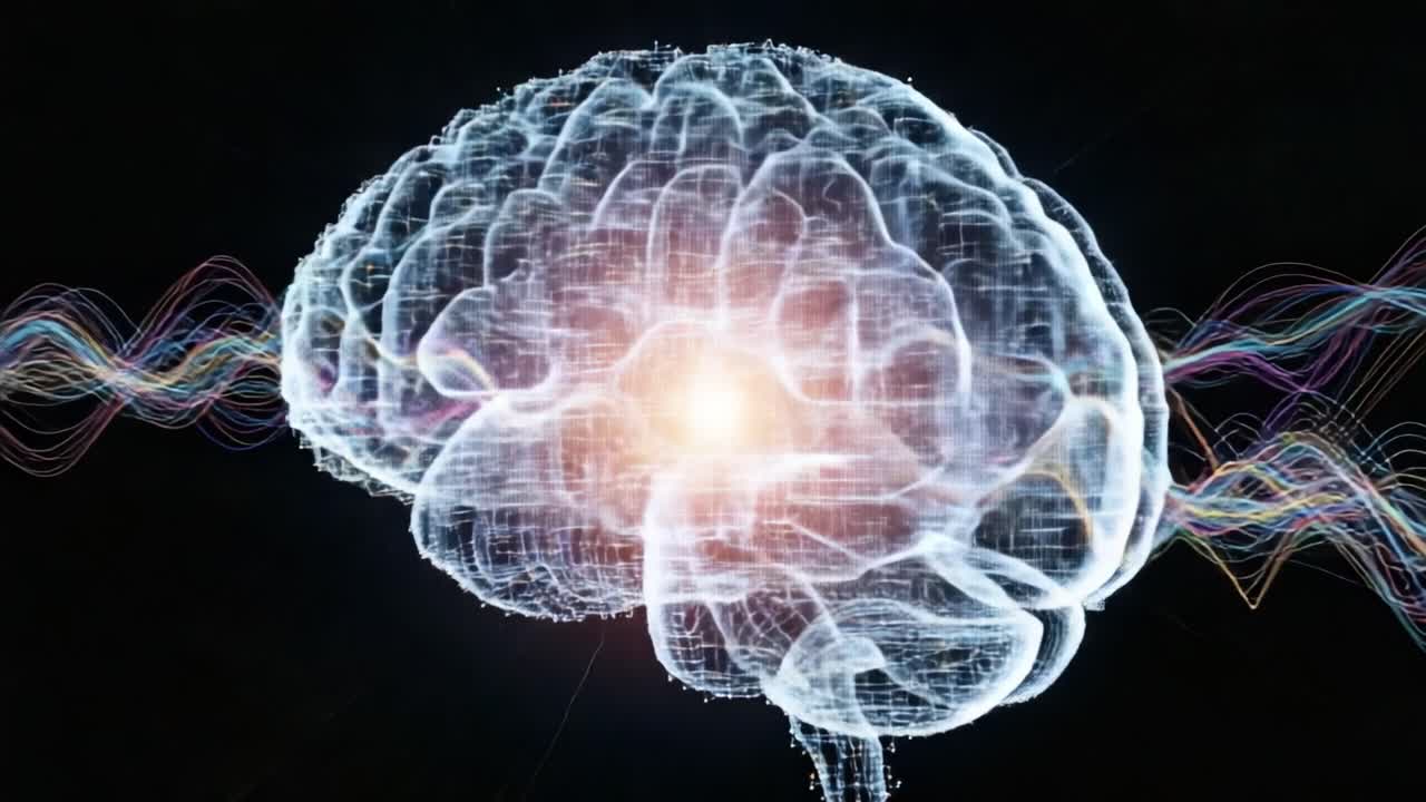 A Stunning Visual Representation of a Brain's Electrical Activity with Dynamic Waveforms Illustrating Neural Connections and Cognitive Processes