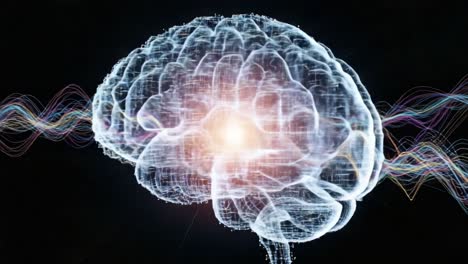 a stunning visual representation of a brain's electrical activity with dynamic waveforms illustrating neural connections and cognitive processes
