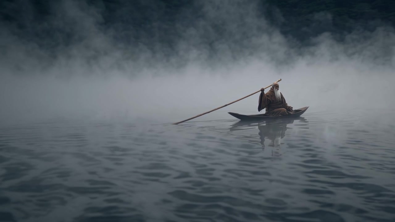 Old Man in Traditional Robes Punting Boat Through Misty Water