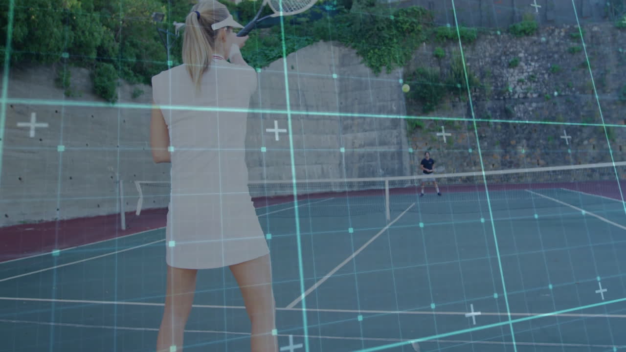 Female player swinging racket on court, showing sports data with trajectory path and speed meter