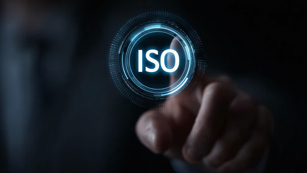 Una mano professionale con un'interfaccia ad alta tecnologia che presenta il simbolo ISO per rappresentare la standardizzazione, la calibrazione e il controllo qualità negli ambienti digitali.