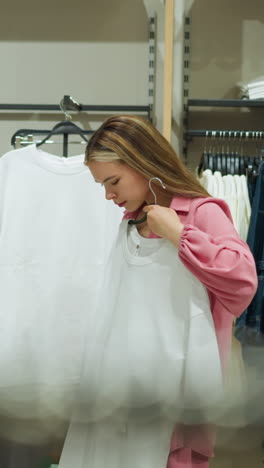 una joven con una camiseta rosa sin botones sostiene una camisa blanca cerca de su cuerpo, evaluándola pensativamente mientras considera irse con ella. la tienda está llena de otra ropa colgada