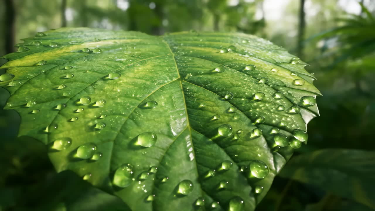Green Leaf with Water Droplets