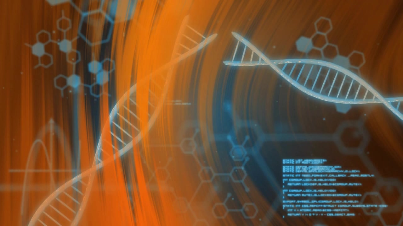 Fluttering orange ribbons causing helix emerging, rotating into center illustrating molecular data