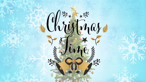 Animation-of-christmas-greetings-text-over-christmas-tree-and-snowflakes