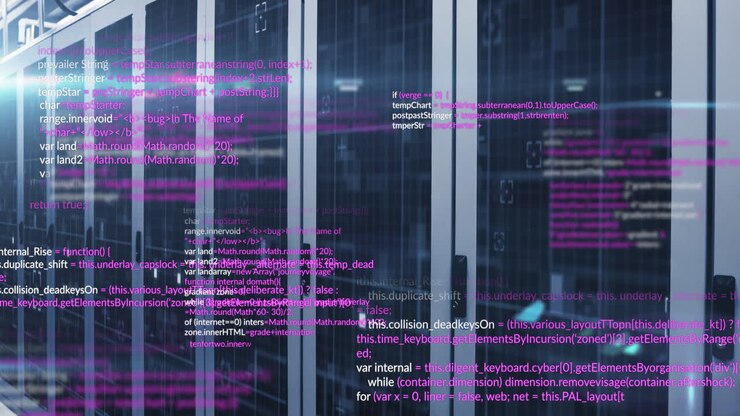 Animation af databehandling og lyspunkter mod et computerserverrum