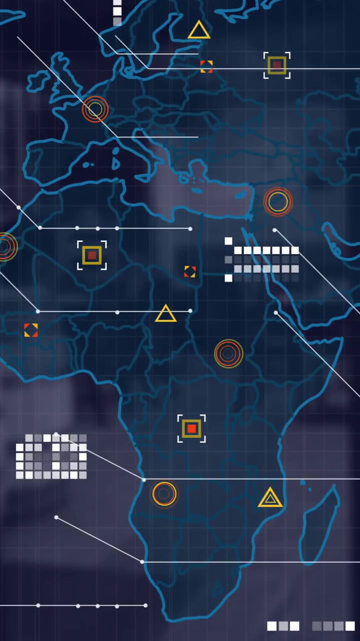 Animation of world map with data processing over dark background