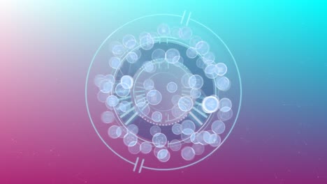 Animation-of-processing-circle-with-connections-on-green-and-pink-background