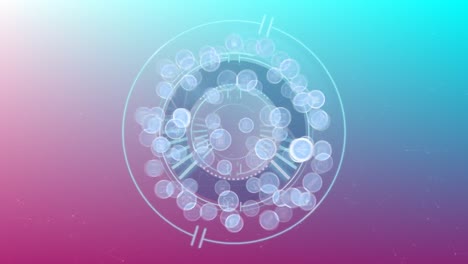 animación del círculo de procesamiento con conexiones en fondo verde y rosa