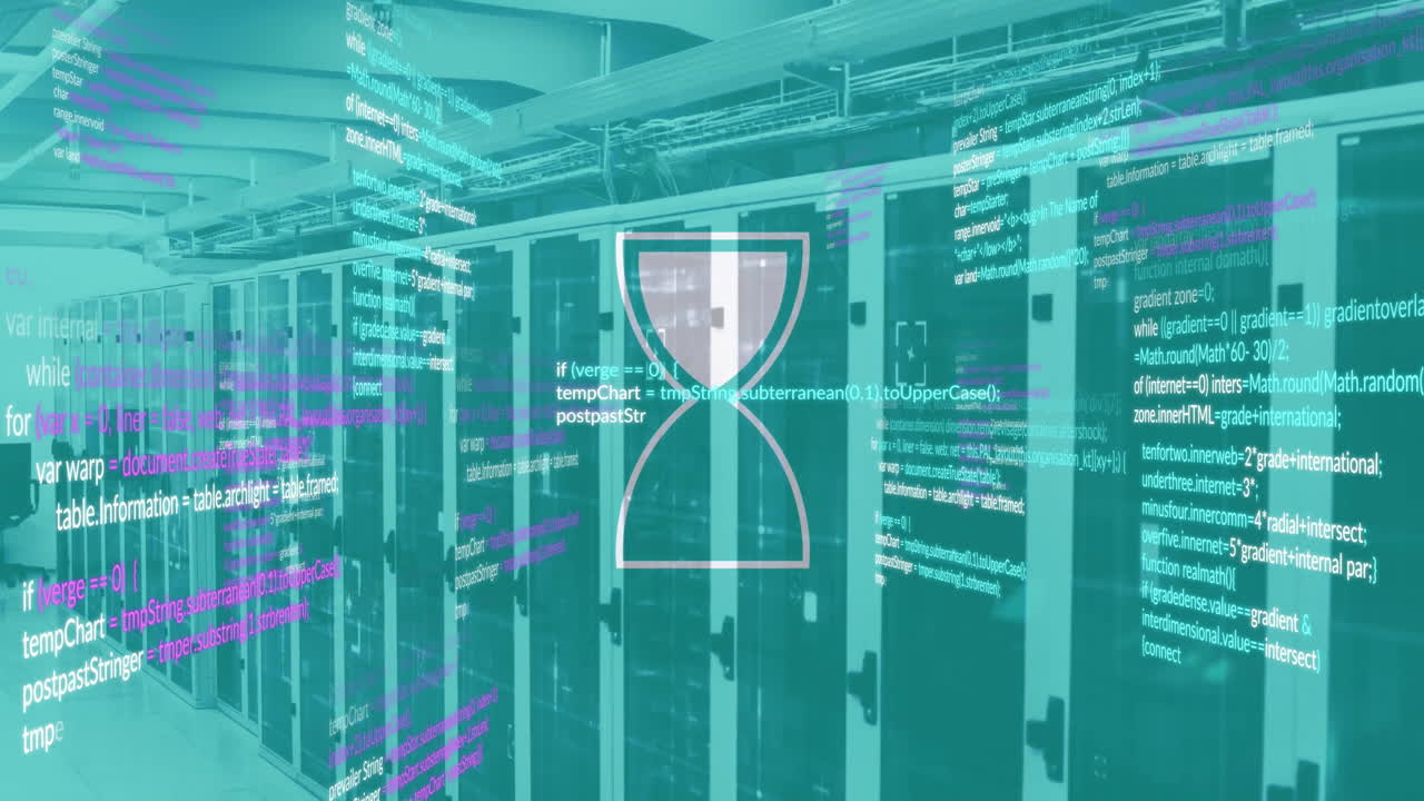 Animation of data processing with hourglass over server room