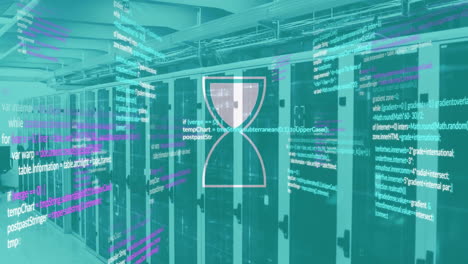 Animation-of-data-processing-with-hourglass-over-server-room