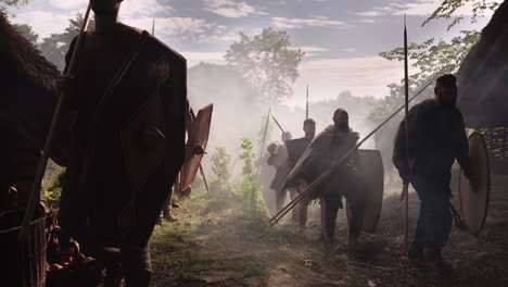 ancient warriors marching through a misty forest